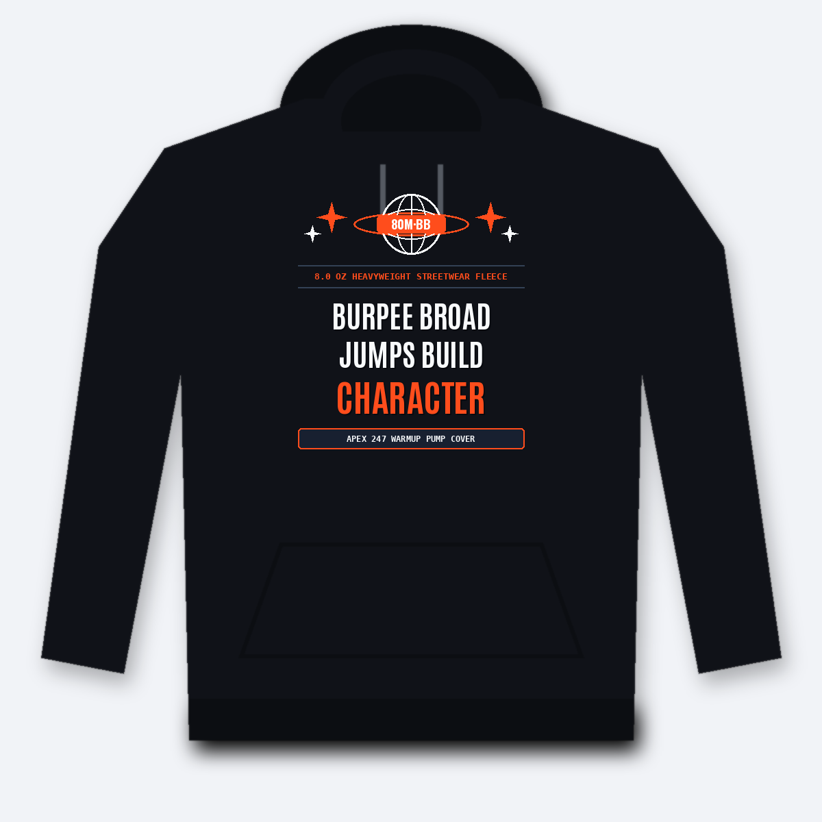 Burpee Broad Jumps Build Character HYROX Hoodie — 8.0 oz Heavyweight Fleece Warmup Sweatshirt