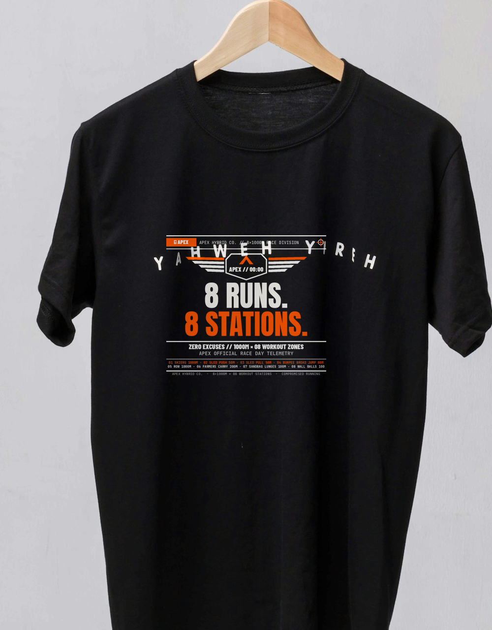 "8 Runs. 8 Stations. Zero Excuses." Winged Crest Race & Pump Cover Tee