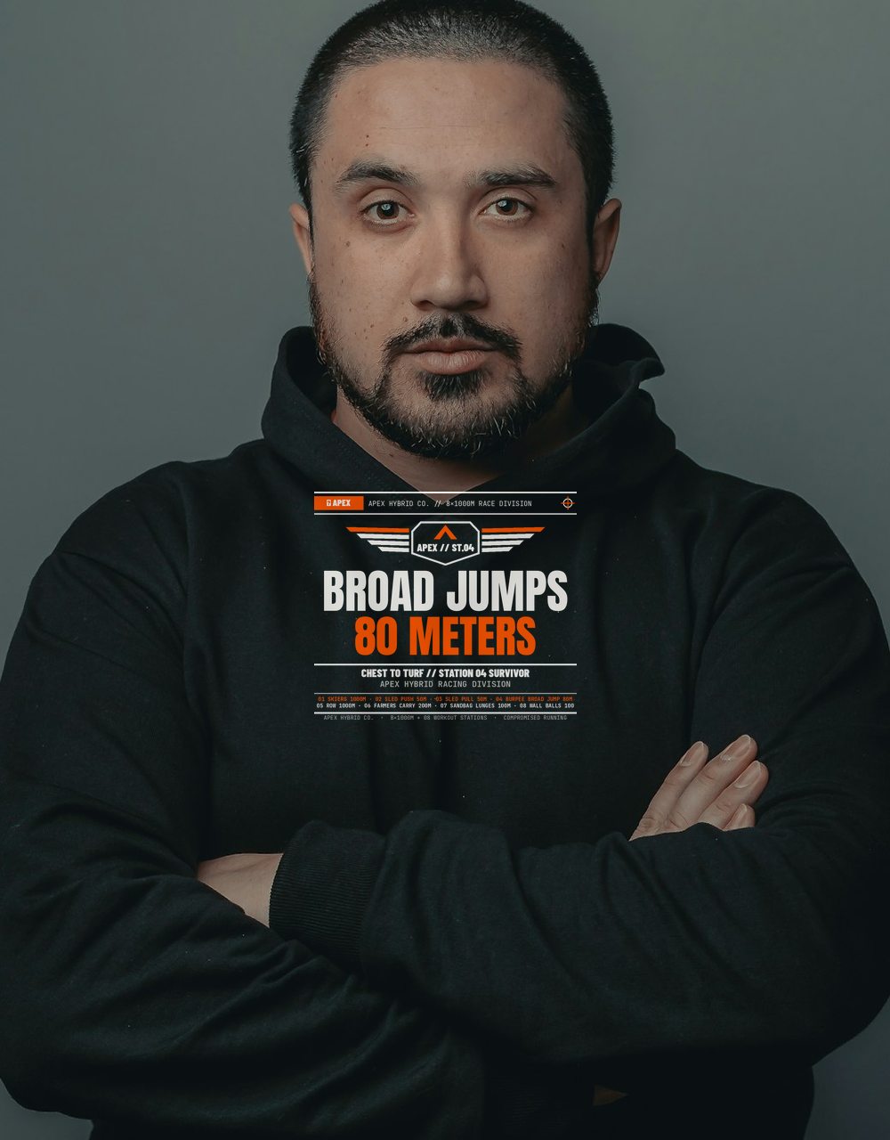 Burpee Broad Jumps Build Character HYROX Hoodie — 8.0 oz Heavyweight Fleece Warmup Sweatshirt