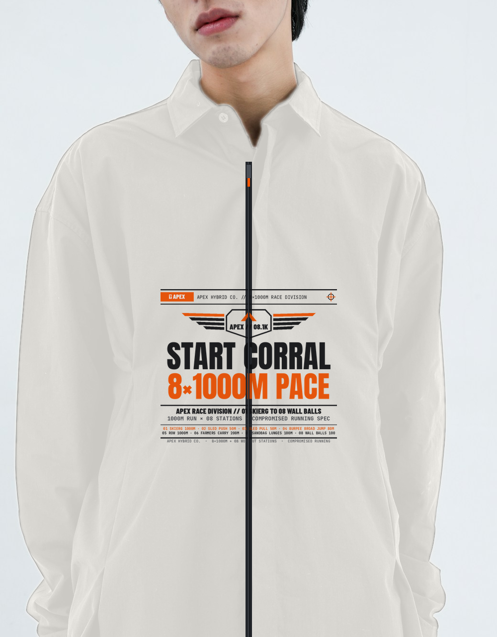 Apex AeroShell™ Lightweight Race Warmup Jacket — "8×1000M Corral Shell" — Bone Edition View