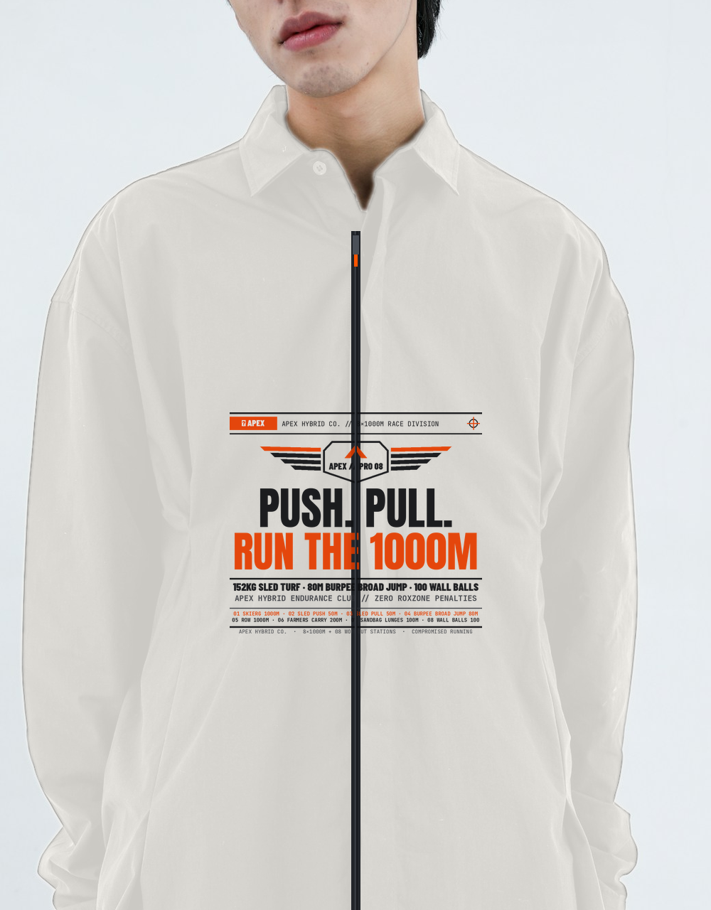 Hybrid 8-Station Windbreaker Track Jacket — "01 SkiErg to 08 Wall Balls" — Bone Edition View